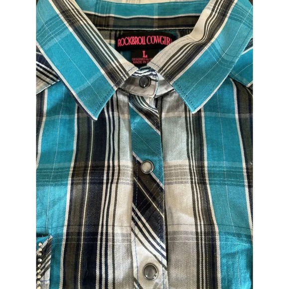 Rock & Roll Cowgirl Women's Size L Button Down Blue Black Pearl Snaps Western - Picture 6 of 13